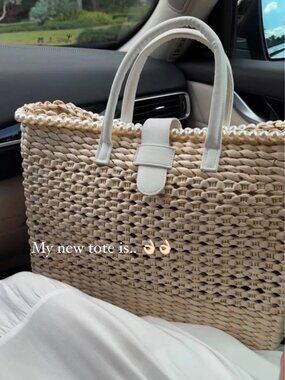 BTB Los Angeles Capri Cutout Woven Straw Tote Bag Ivory Large